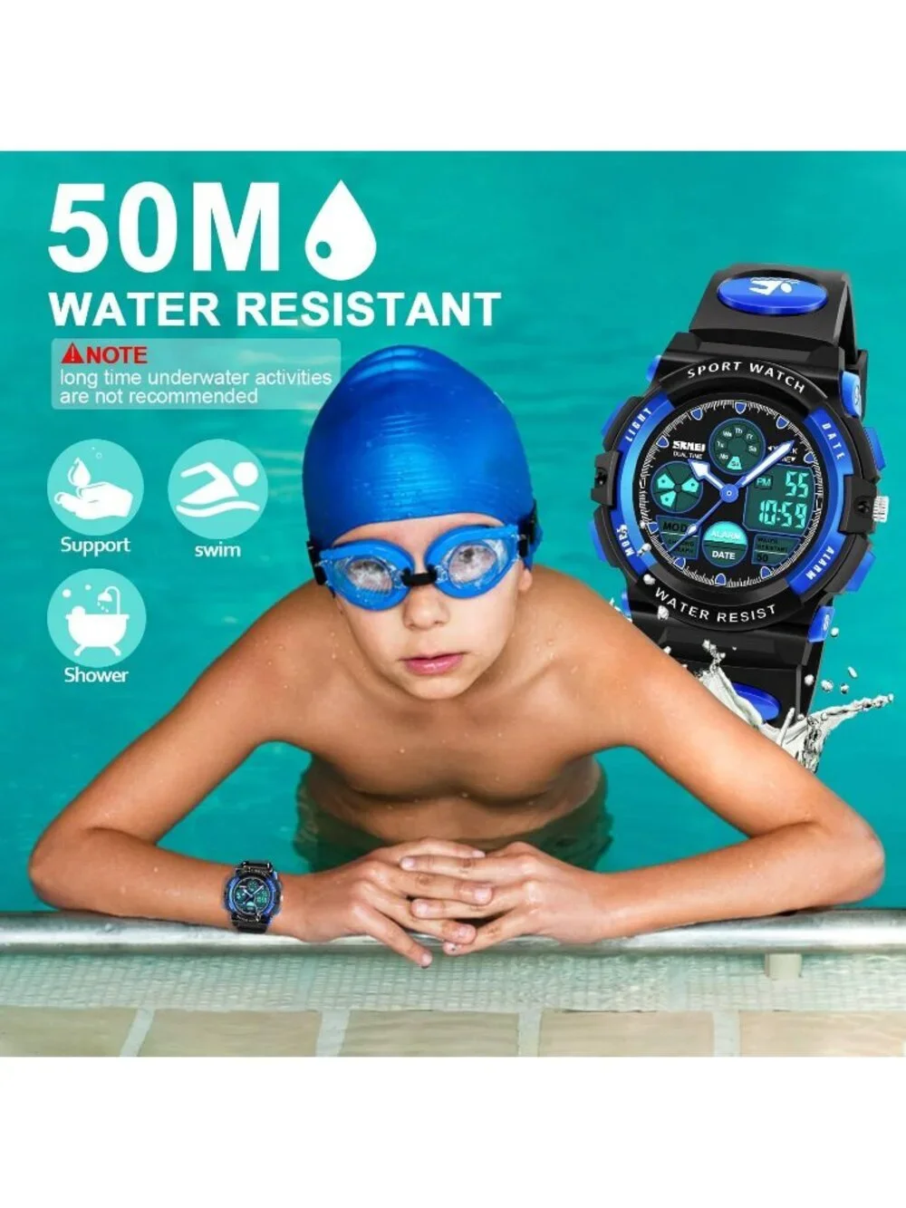 Kid's Black Blue Analog Quartz Multi Function Waterproof Round LED Digital Watch
